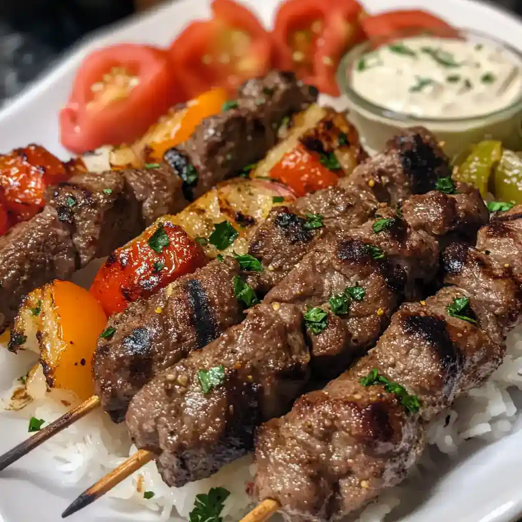 Juicy beef kebabs with grilled vegetables served over rice, topped with fresh herbs on a white plate. Includes tomato slices, creamy yogurt sauce, and colorful peppers for a flavorful Mediterranean-inspired meal.