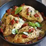 Juicy chicken thighs cooked with sun-dried tomatoes, fresh basil, and seasoned with black pepper in a flavorful sauce, perfect for a quick and delicious meal.