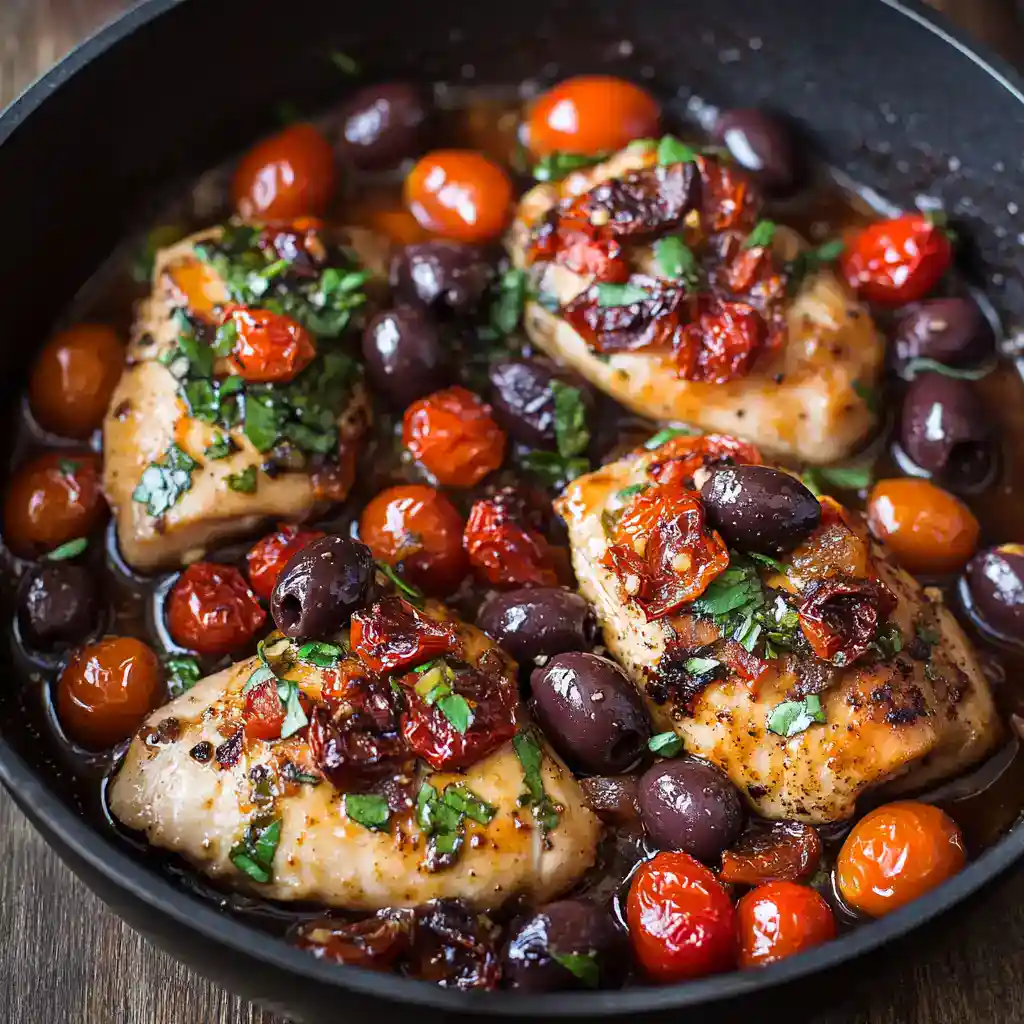 Juicy chicken thighs cooked with cherry and black olives in a flavorful sauce, garnished with fresh herbs, served in a skillet, perfect for a savory dinner or meal prep.