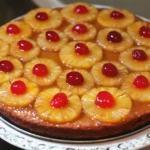 Fresh pineapple upside-down cake topped with maraschino cherries, a classic dessert perfect for holiday gatherings and special occasions.
