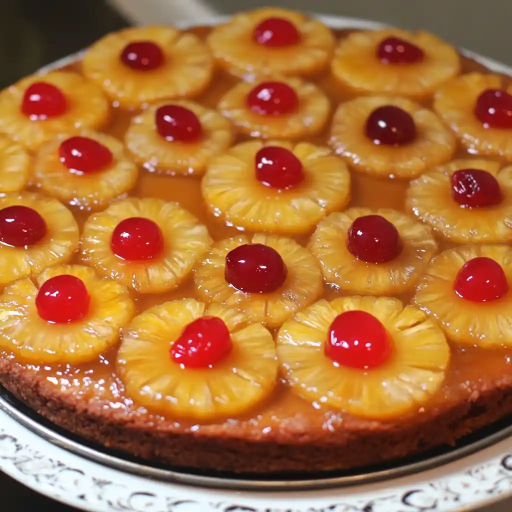 Fresh pineapple upside-down cake topped with maraschino cherries, a classic dessert perfect for holiday gatherings and special occasions.