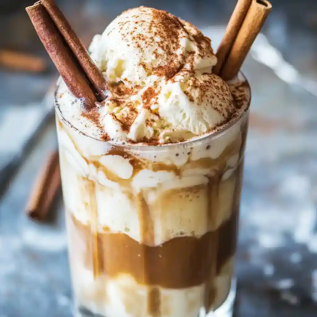 Creamy caramel milkshake with whipped cream, cinnamon, and chocolate syrup in a tall glass.