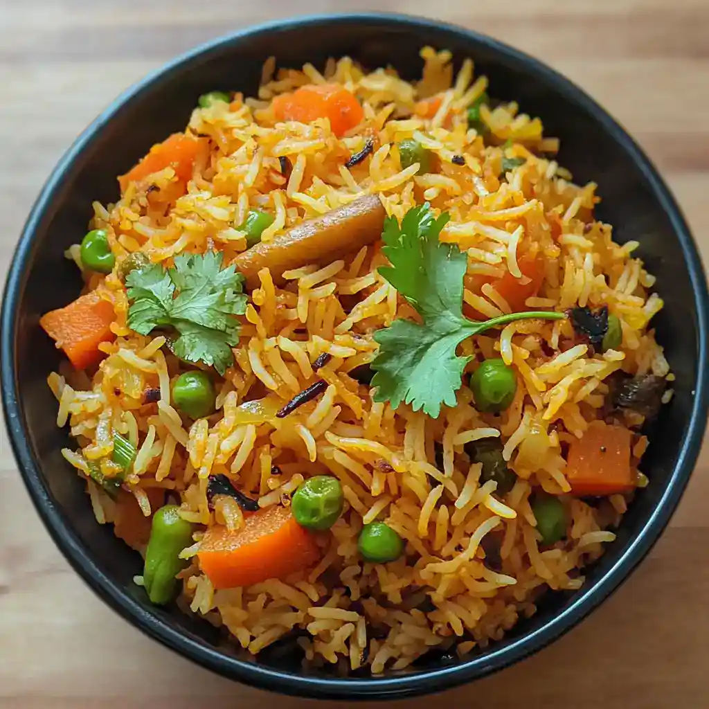 Steamed vegetable fried rice with carrots, green peas, and cilantro in a black bowl, showcasing healthy, flavorful rice recipes ideal for lunch or dinner.