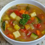 Fresh vegetable soup with colorful diced zucchini, carrots, and tomatoes garnished with parsley in a white bowl. Healthy, homemade vegetable soup perfect for cozy meals and weight loss.