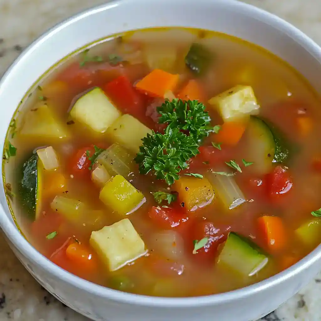 Fresh vegetable soup with colorful diced zucchini, carrots, and tomatoes garnished with parsley in a white bowl. Healthy, homemade vegetable soup perfect for cozy meals and weight loss.