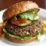 Savory veggie burger with quinoa patty, fresh lettuce, tomato, and cucumber on toasted bun for healthy, plant-based meal options.