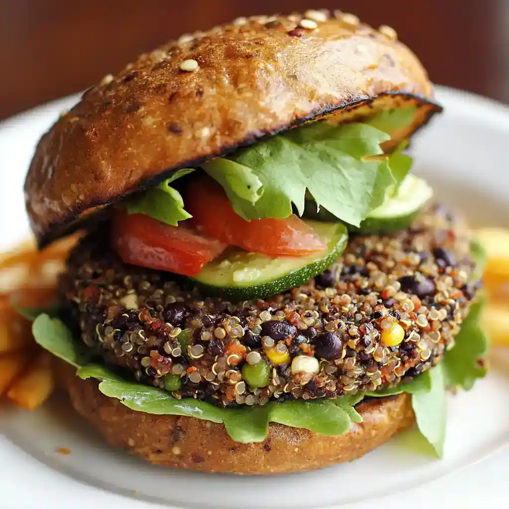 Savory veggie burger with quinoa patty, fresh lettuce, tomato, and cucumber on toasted bun for healthy, plant-based meal options.