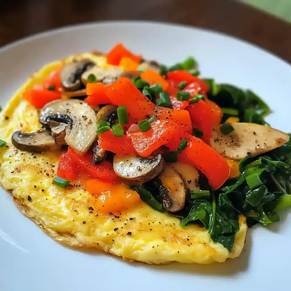 Fresh vegetable omelette with sautéed mushrooms, bell peppers, and chopped green onions on a white plate, ideal for healthy breakfast recipes and easy meal ideas.