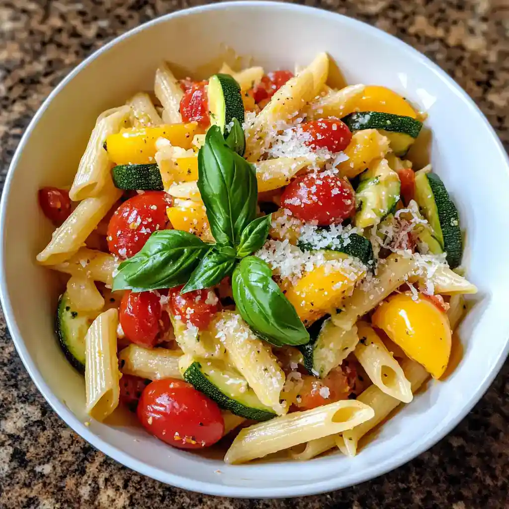Vegan pasta salad with cherry tomatoes, zucchini, yellow bell peppers, fresh basil, and grated cheese, served in a white bowl on a granite countertop.