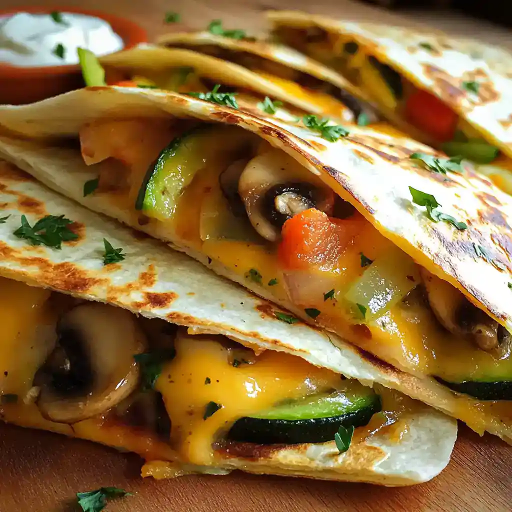 Fresh vegetable quesadilla with melted cheese, mushrooms, zucchini, and peppers, garnished with herbs and served with a side of sour cream on a wooden board. Perfect for flavorful, easy-to-make Mexican-inspired meals.
