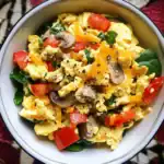 Scrambled eggs with fresh vegetables and cheese, garnished with black pepper, in a white bowl for a healthy breakfast or brunch option.