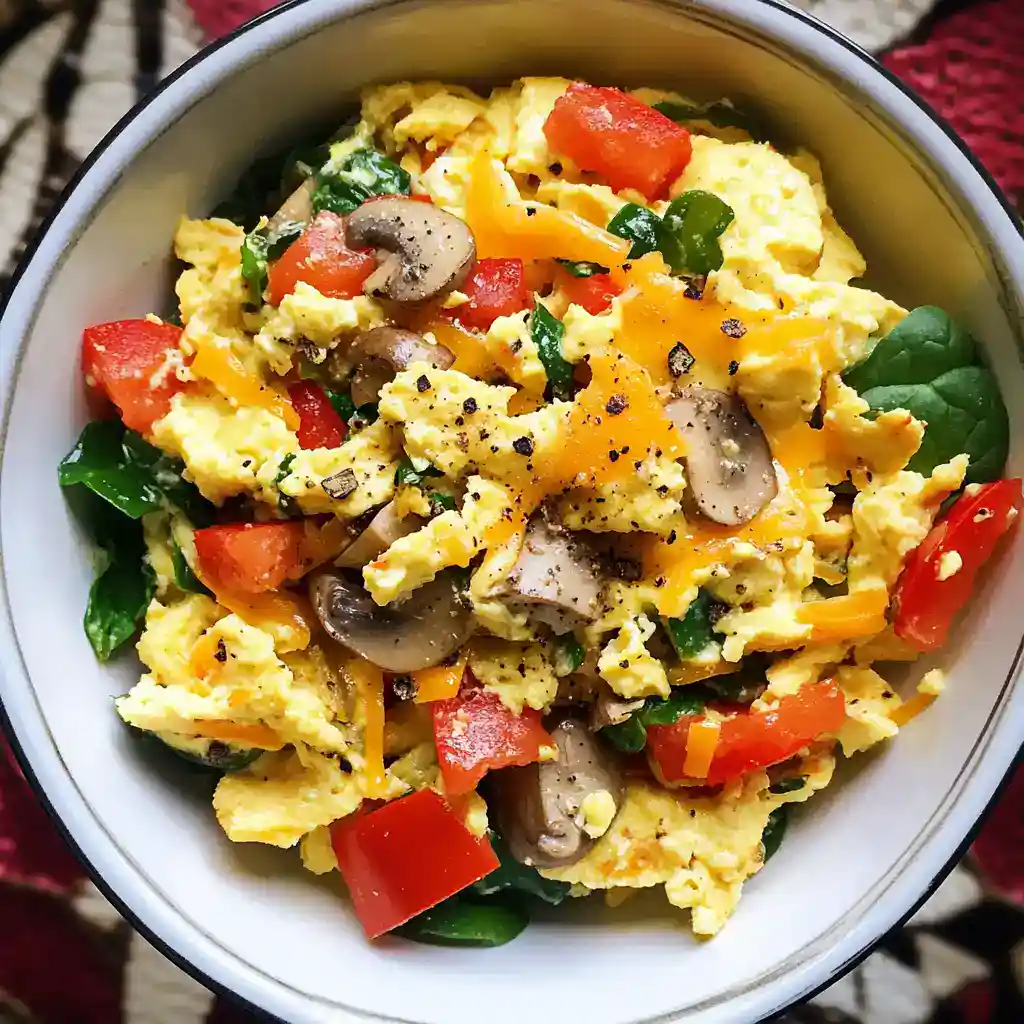 Scrambled eggs with fresh vegetables and cheese, garnished with black pepper, in a white bowl for a healthy breakfast or brunch option.