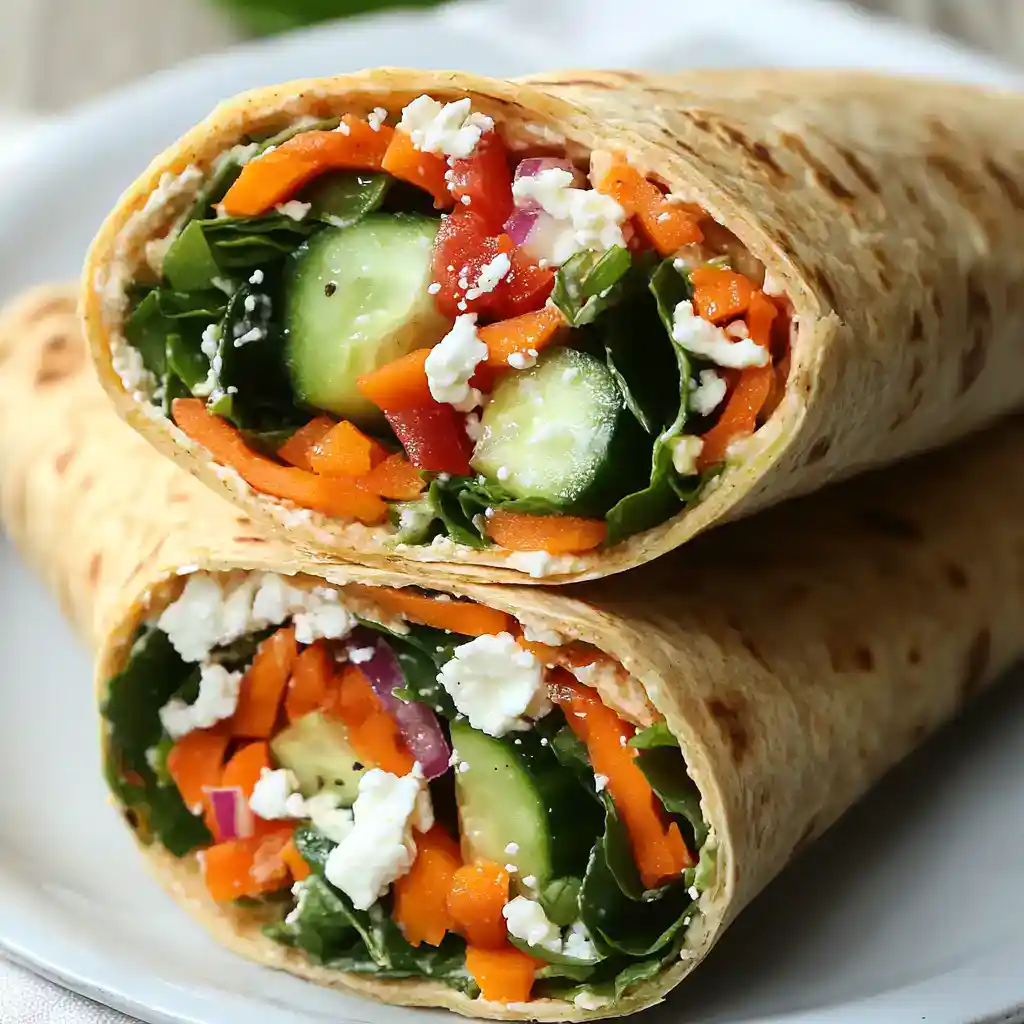 Fresh vegetable wrap with cucumbers, carrots, spinach, red onions, and feta cheese, perfect for healthy lunches. Quick, easy, and packed with nutritious ingredients.