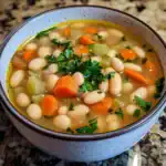 Creamy white bean soup with carrots, celery, and fresh parsley in a ceramic bowl, perfect for comforting meals.