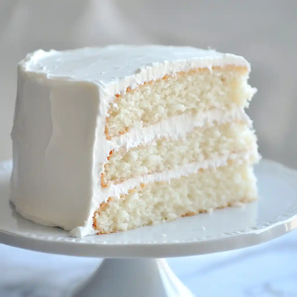 Fluffy white vanilla cake with creamy frosting layers on a white cake stand.