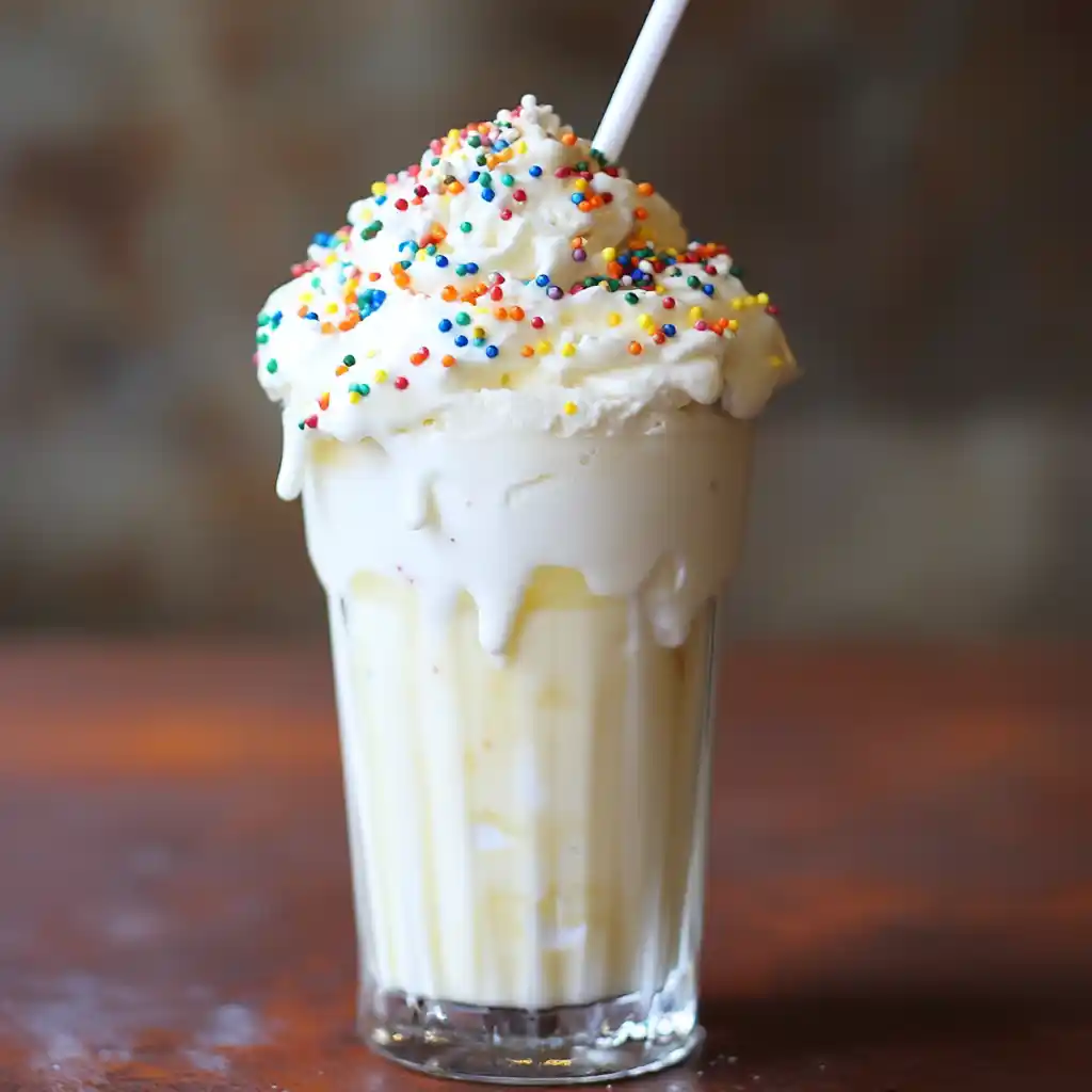 1. Creamy vanilla milkshake topped with colorful sprinkles and whipped cream, served in a tall glass with a straw.