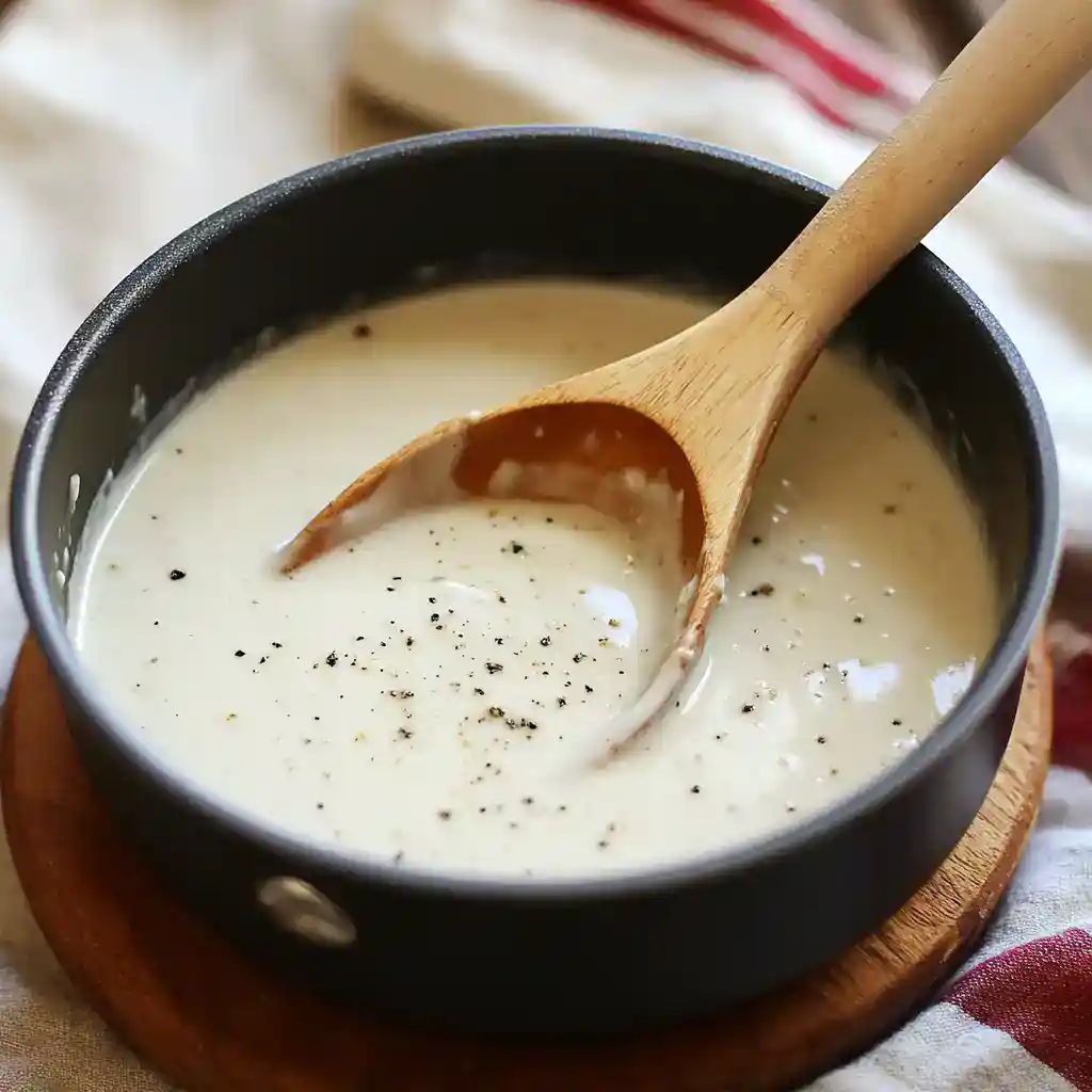 Creamy homemade mushroom soup served in a black pot with a wooden spoon, seasoned with black pepper, perfect for cozy comfort meals and easy to prepare at home.