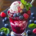 Fresh mixed berry sundae with vanilla ice cream, topped with blueberries, raspberries, blackberries, and mint leaves in a glass dessert cup.