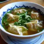Steamed dumplings in savory broth garnished with chopped green onions, served in a traditional blue and white Chinese bowl for authentic Asian cuisine.