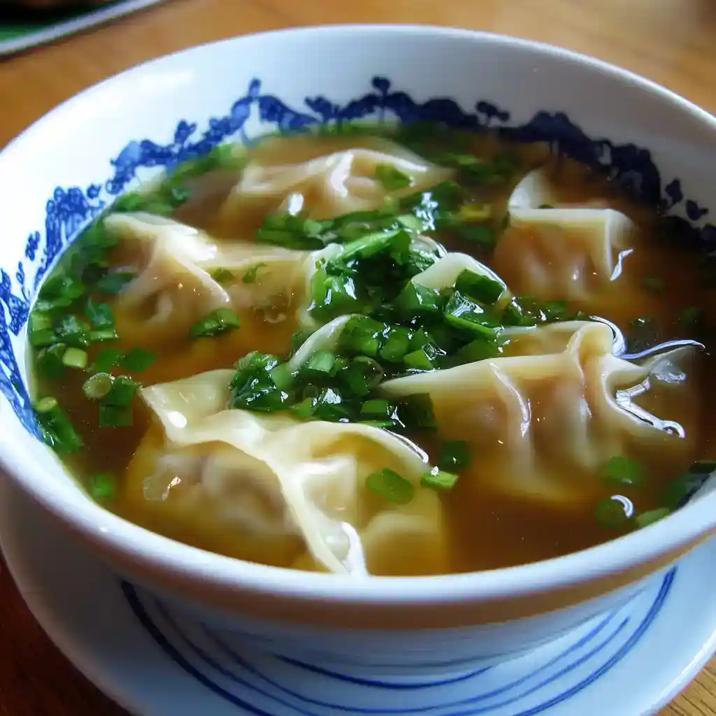 Steamed dumplings in savory broth garnished with chopped green onions, served in a traditional blue and white Chinese bowl for authentic Asian cuisine.