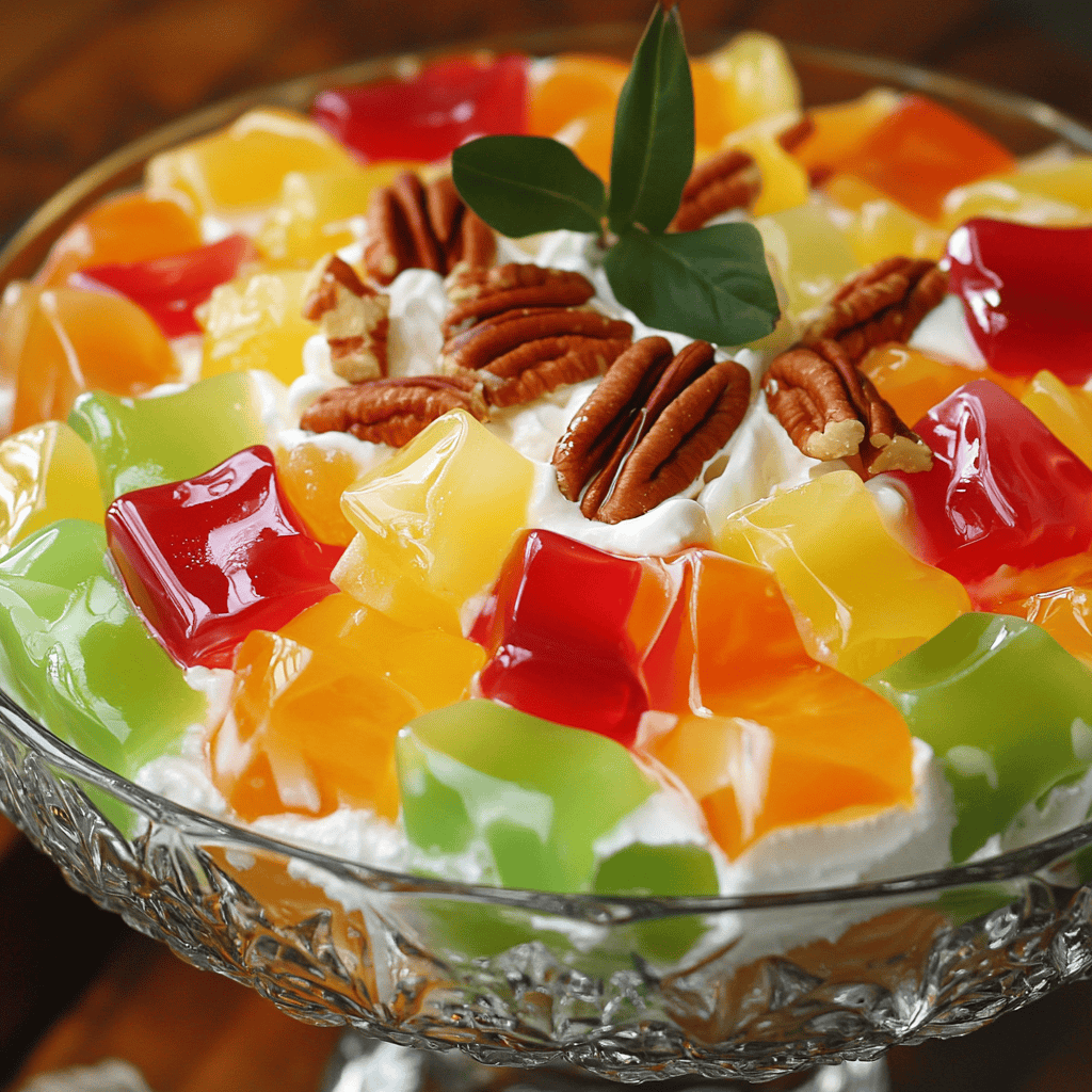 Colorful fruit salad with rainbow jelly cubes, whipped cream, pecans, and fresh green leaves in a glass bowl. Perfect for desserts, parties, and summer gatherings. Authentic Station Recipes sweet treat.