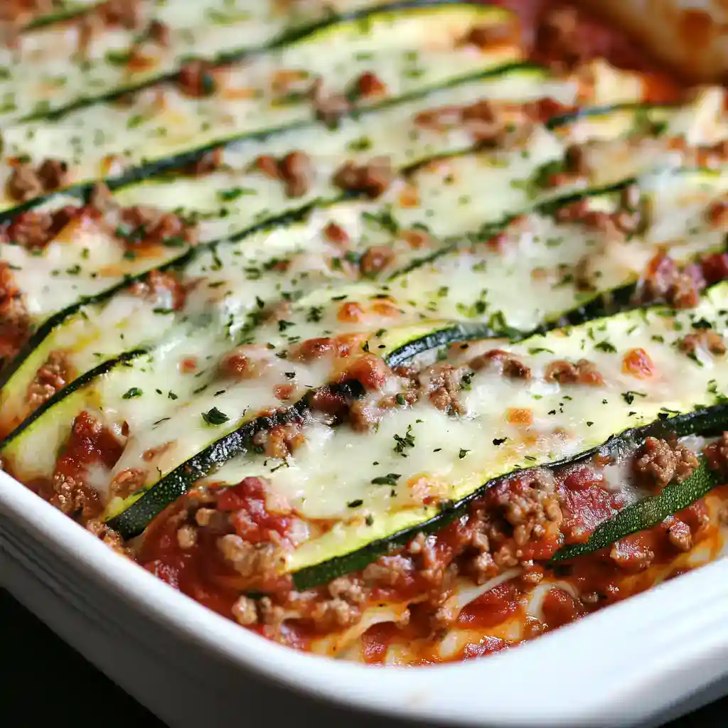 Zucchini lasagna with ground beef, marinara sauce, and melted cheese, baked to perfection in a white baking dish. A healthy and delicious low-carb pasta alternative for family dinners.