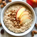 A bowl of creamy oatmeal topped with fresh apple slices, chopped nuts, cinnamon, and dried fruits, perfect for a healthy breakfast.