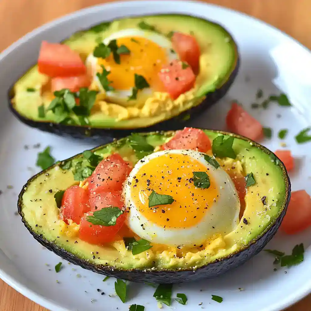 Delicious baked avocado halves filled with eggs, topped with fresh tomatoes and herbs, perfect for healthy breakfast or brunch. Easy, quick, and nutritious meal idea from Station Recipes.