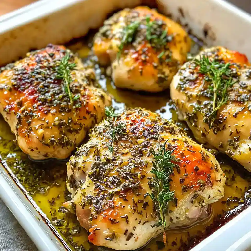 A delicious baked chicken thighs recipe seasoned with garlic, herbs, and spices, garnished with fresh rosemary. Perfect for easy family dinners and meal prep.