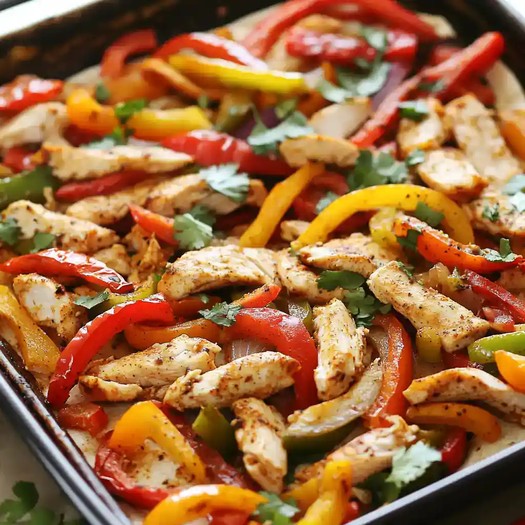 Brightly colored stir-fry chicken with red, yellow, and green bell peppers garnished with cilantro for a healthy meal. Perfect for quick dinner recipes and meal prep.