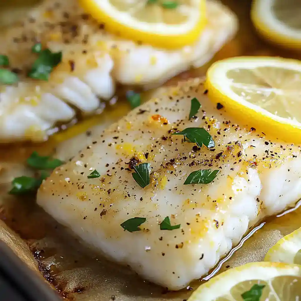 Delicious baked fish topped with lemon slices, fresh herbs, and black pepper for a flavorful seafood dish perfect for healthy dinners.