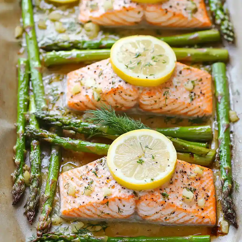 Fresh baked salmon with lemon and herbs served with roasted asparagus. Perfect healthy dinner idea with simple ingredients and vibrant flavors. Ideal for meal prep or family meals.