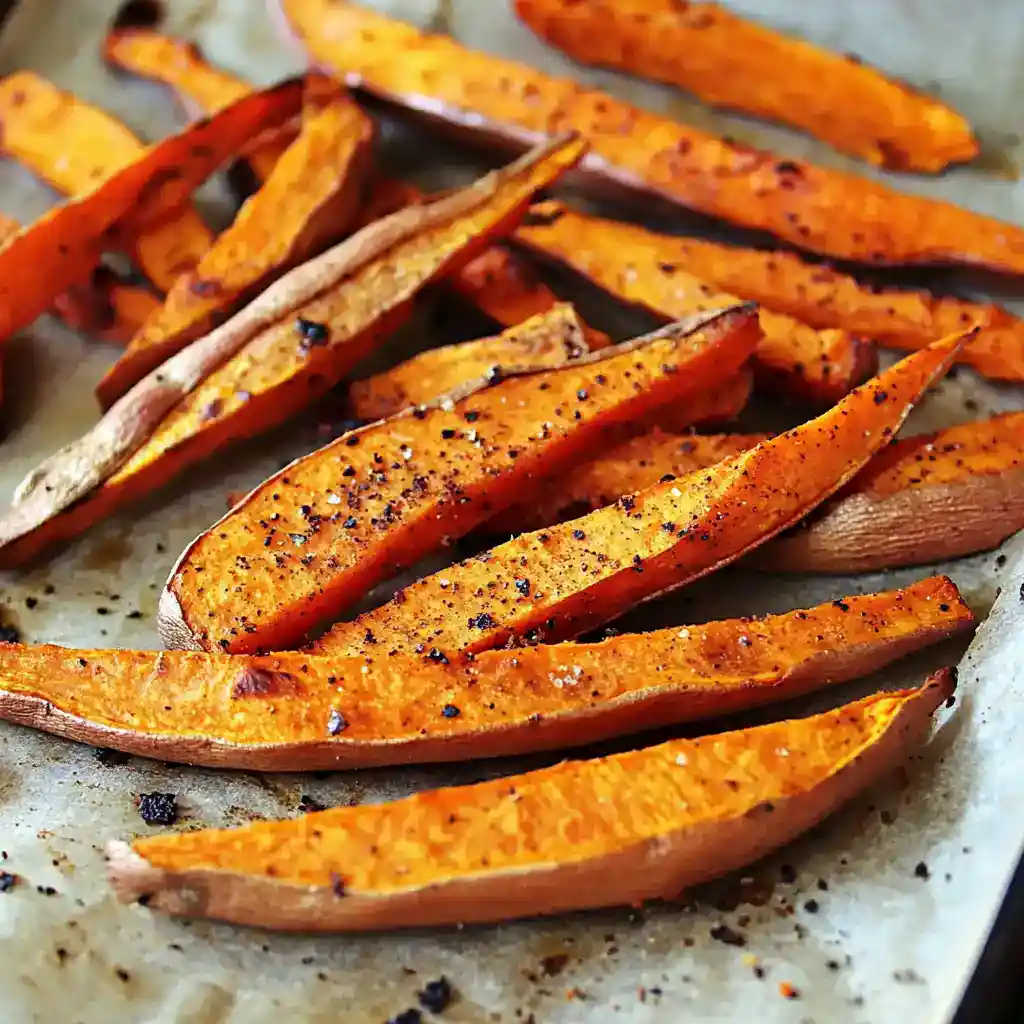 Golden caramelized sweet potato fries seasoned with spices, baked to perfection for a healthy snack or side dish.