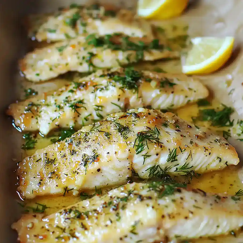 Fresh baked fish fillets with herbs and lemon wedges, topped with garlic and fresh parsley for a flavorful seafood dish. Perfect for a healthy dinner or family meal.