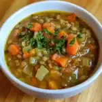 Delicious homemade lentil soup with carrots, celery, and herbs, perfect for a comforting meal. Easy to prepare with wholesome ingredients, ideal for healthy homemade recipes.