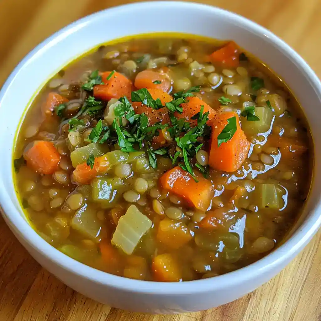 Delicious homemade lentil soup with carrots, celery, and herbs, perfect for a comforting meal. Easy to prepare with wholesome ingredients, ideal for healthy homemade recipes.