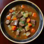 Savory beef stew with tender chunks of beef, carrots, potatoes, and onions in a rich broth, perfect for comforting meals and family dinners.