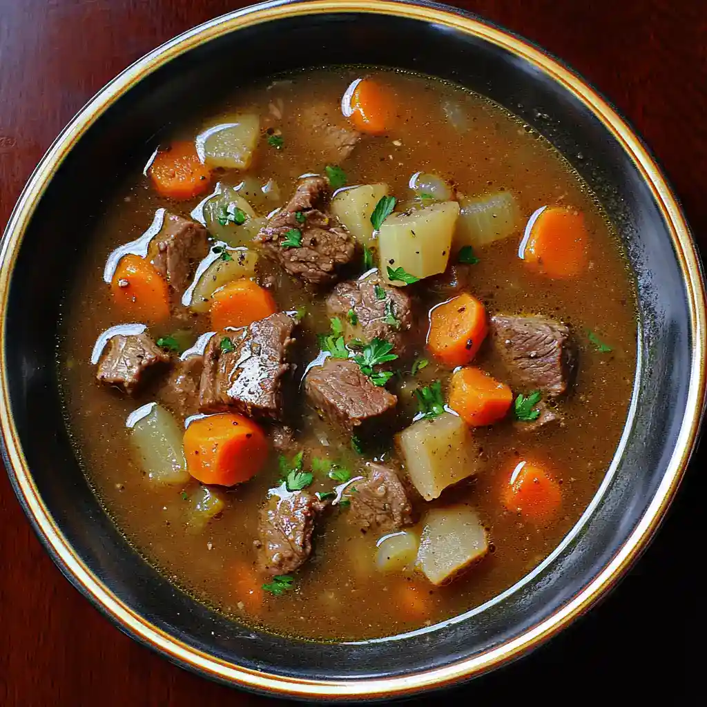Savory beef stew with tender chunks of beef, carrots, potatoes, and onions in a rich broth, perfect for comforting meals and family dinners.