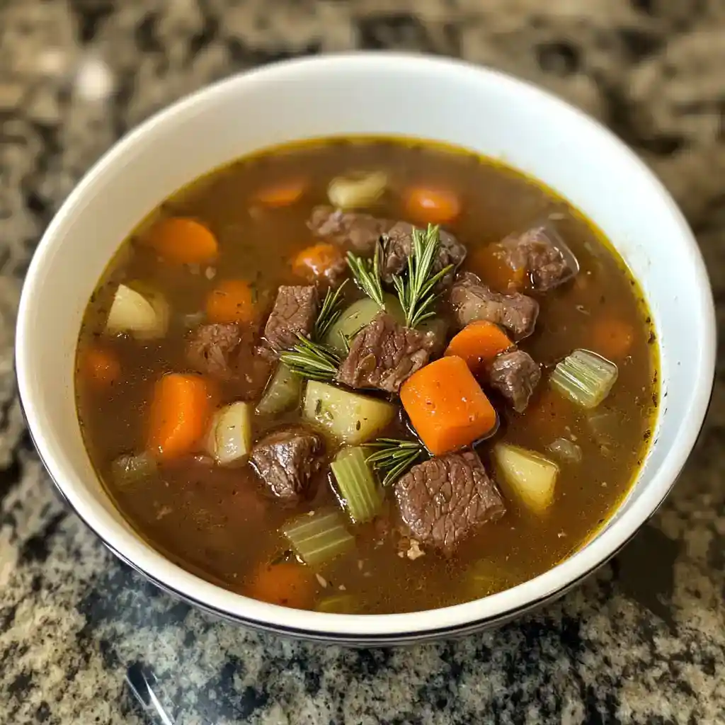 Comforting beef stew with tender beef, carrots, celery, and potatoes in a savory broth. Perfect for cold days and easy to make with simple ingredients.