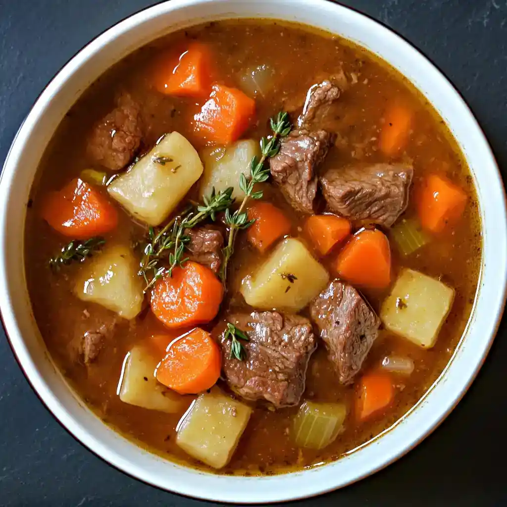 Rich, flavorful beef stew with tender chunks of beef, carrots, potatoes, and celery, garnished with fresh thyme for a comforting meal. Perfect for cold days or family dinners.