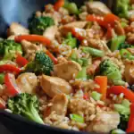 A colorful stir-fry with tender chicken, vibrant broccoli, bell peppers, and green onions served over rice for a flavorful, healthy meal. Perfect for quick weeknight dinners.
