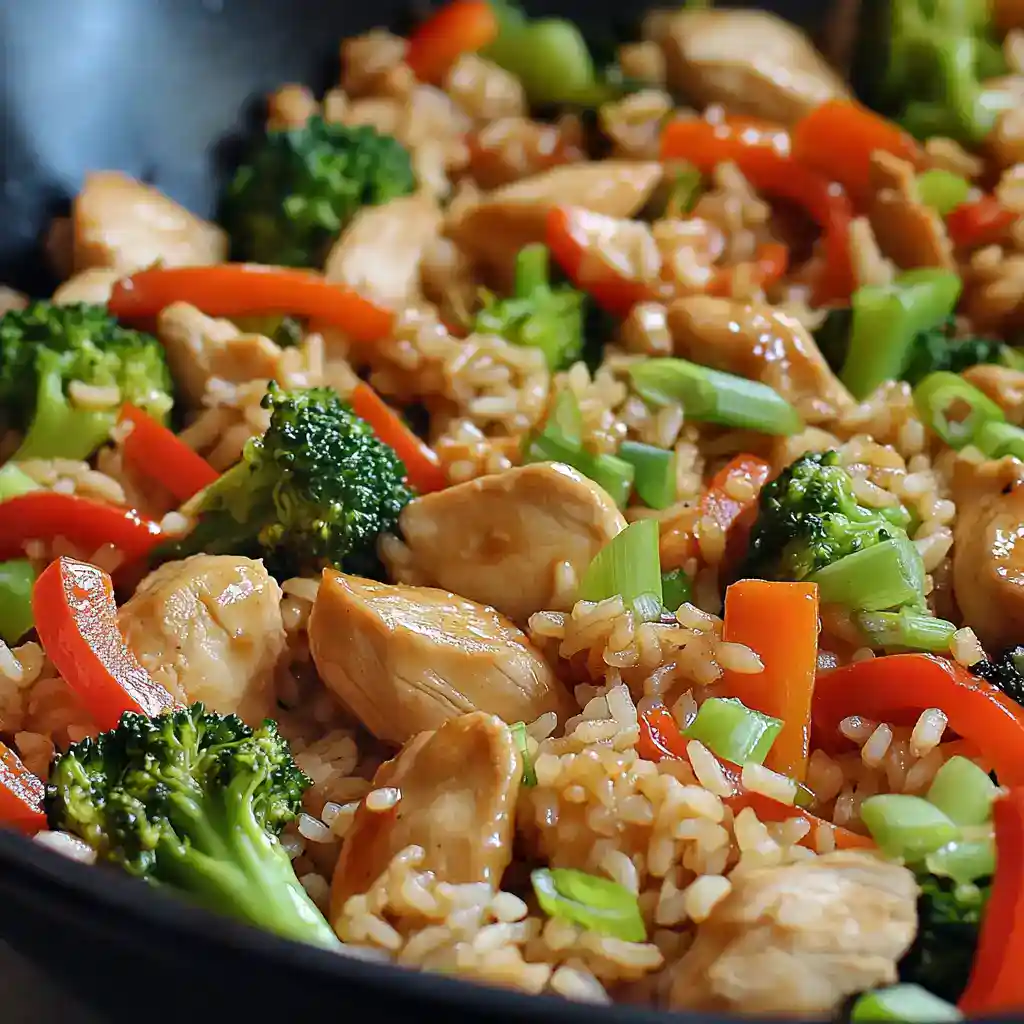 A colorful stir-fry with tender chicken, vibrant broccoli, bell peppers, and green onions served over rice for a flavorful, healthy meal. Perfect for quick weeknight dinners.