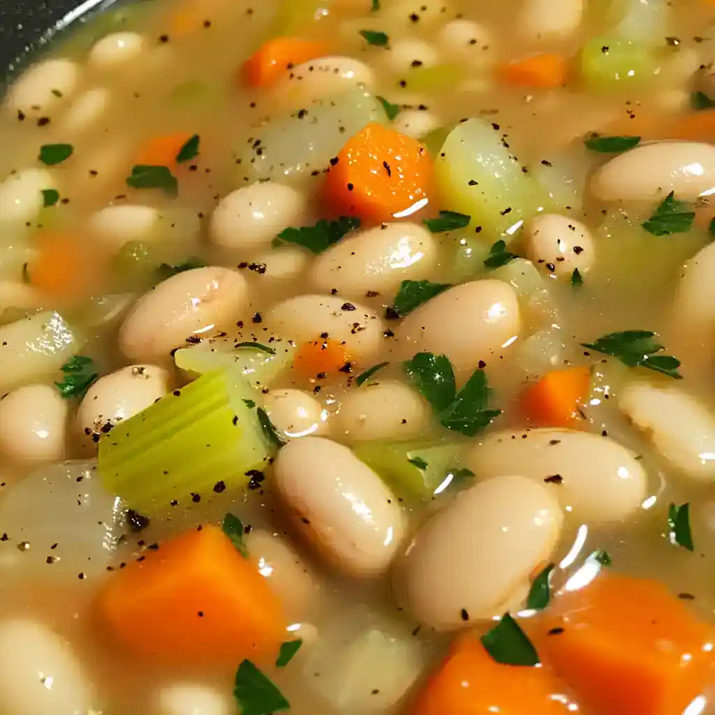 Creamy white beans with carrots, celery, herbs, and black pepper in a flavorful broth. Perfect comfort food for cold days.