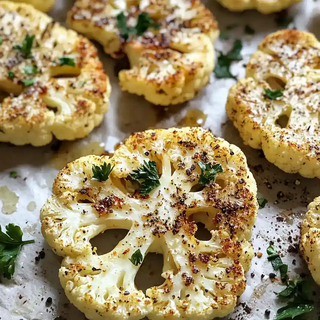 Flavorful roasted cauliflower steaks seasoned with spices, garnished with fresh herbs. Perfect healthy side dish or vegetarian main course, easy to prepare for any meal.