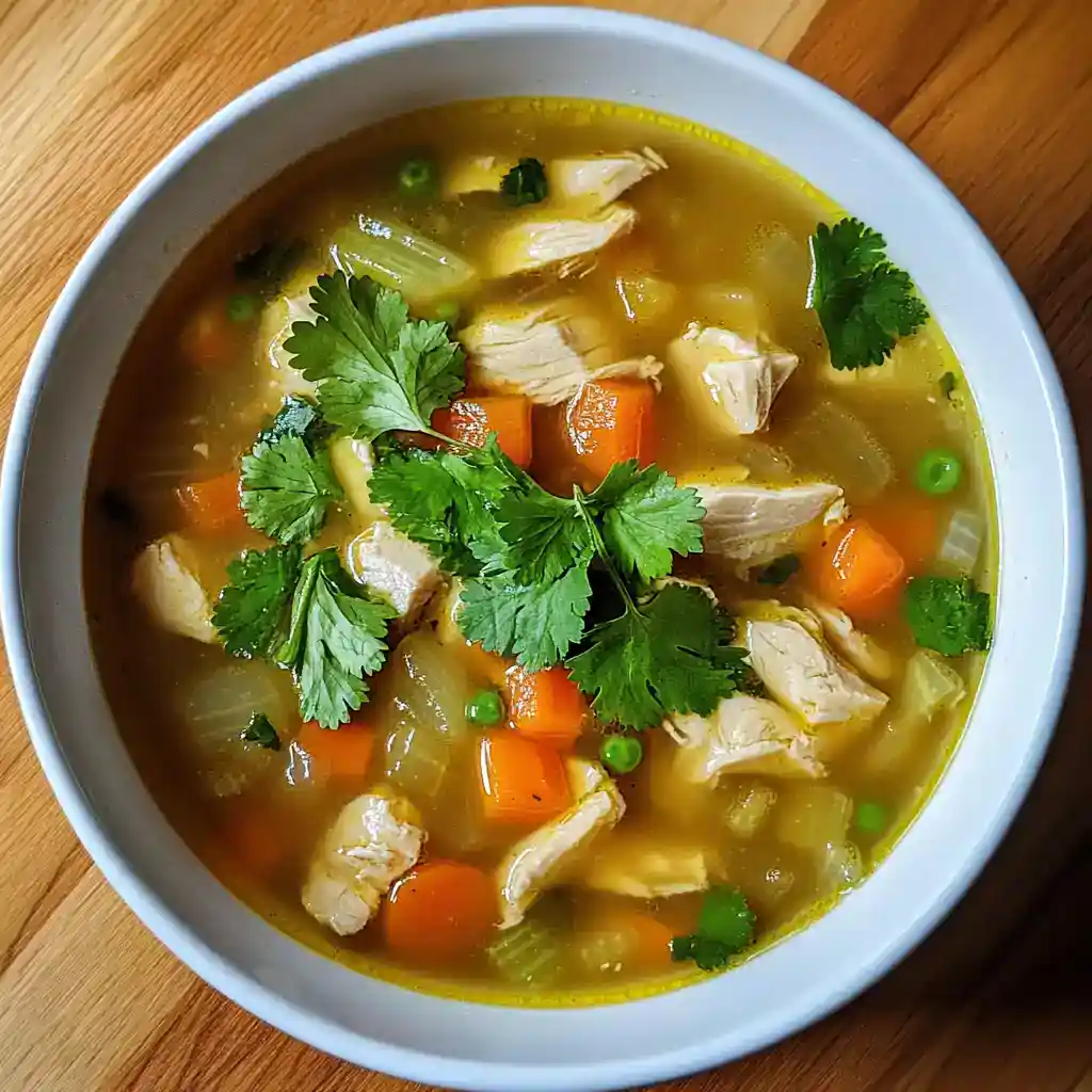 Homemade chicken with vegetables in savory broth, garnished with fresh cilantro for a comforting, nutritious meal perfect for cold days or when feeling under the weather.
