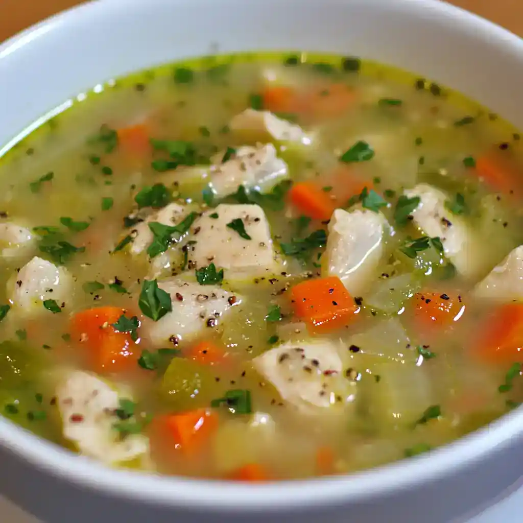 Delicious chicken soup with tender chicken pieces, carrots, celery, and fresh herbs in a flavorful broth, perfect for comforting meals or cold days.