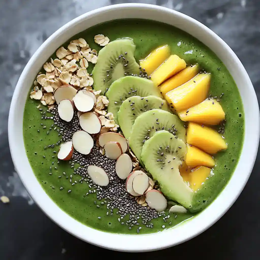 Fresh green smoothie bowl topped with sliced kiwi, mango chunks, almond slices, chia seeds, and rolled oats, offering a healthy, colorful, and nutrient-packed snack or breakfast.