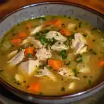 Tender shredded chicken with carrots, celery, and herbs in a warm, comforting broth.