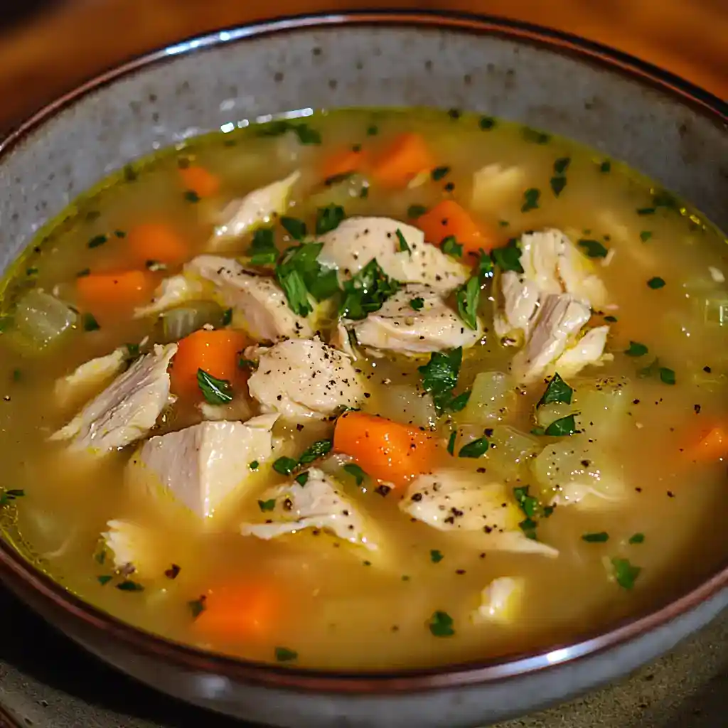 Tender shredded chicken with carrots, celery, and herbs in a warm, comforting broth.