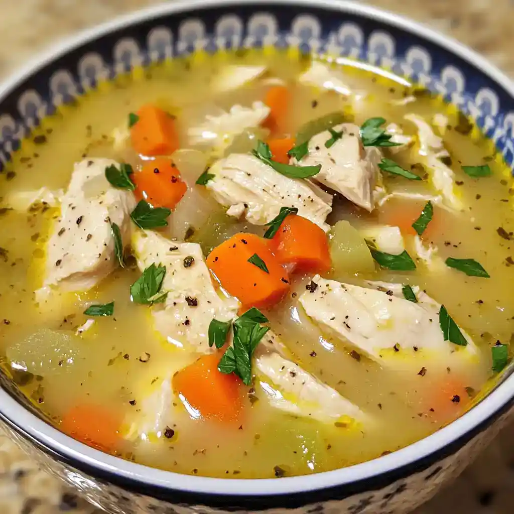 Delicious homemade chicken soup with tender shredded chicken, carrots, celery, and herbs in a flavorful broth. Perfect for comfort food lovers and easy to prepare for healthy family meals.